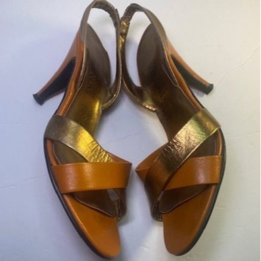 Robinsons Women's Heels - Gold & Orange Brown Strappy Sandals Size 5.5 3-Inch H - Picture 7 of 8